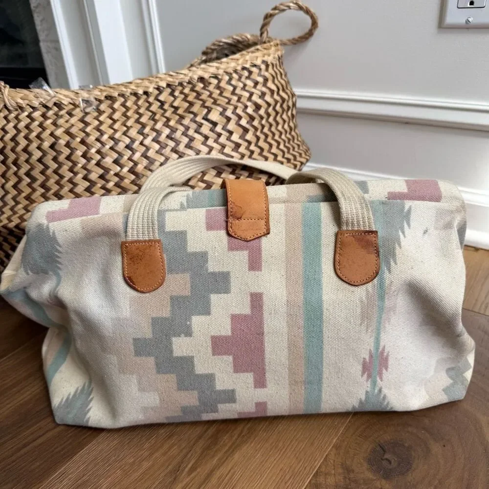 Vintage 90s Southwestern Pattern Canvas Satchel Clamshell Small Tote Mauve Teal